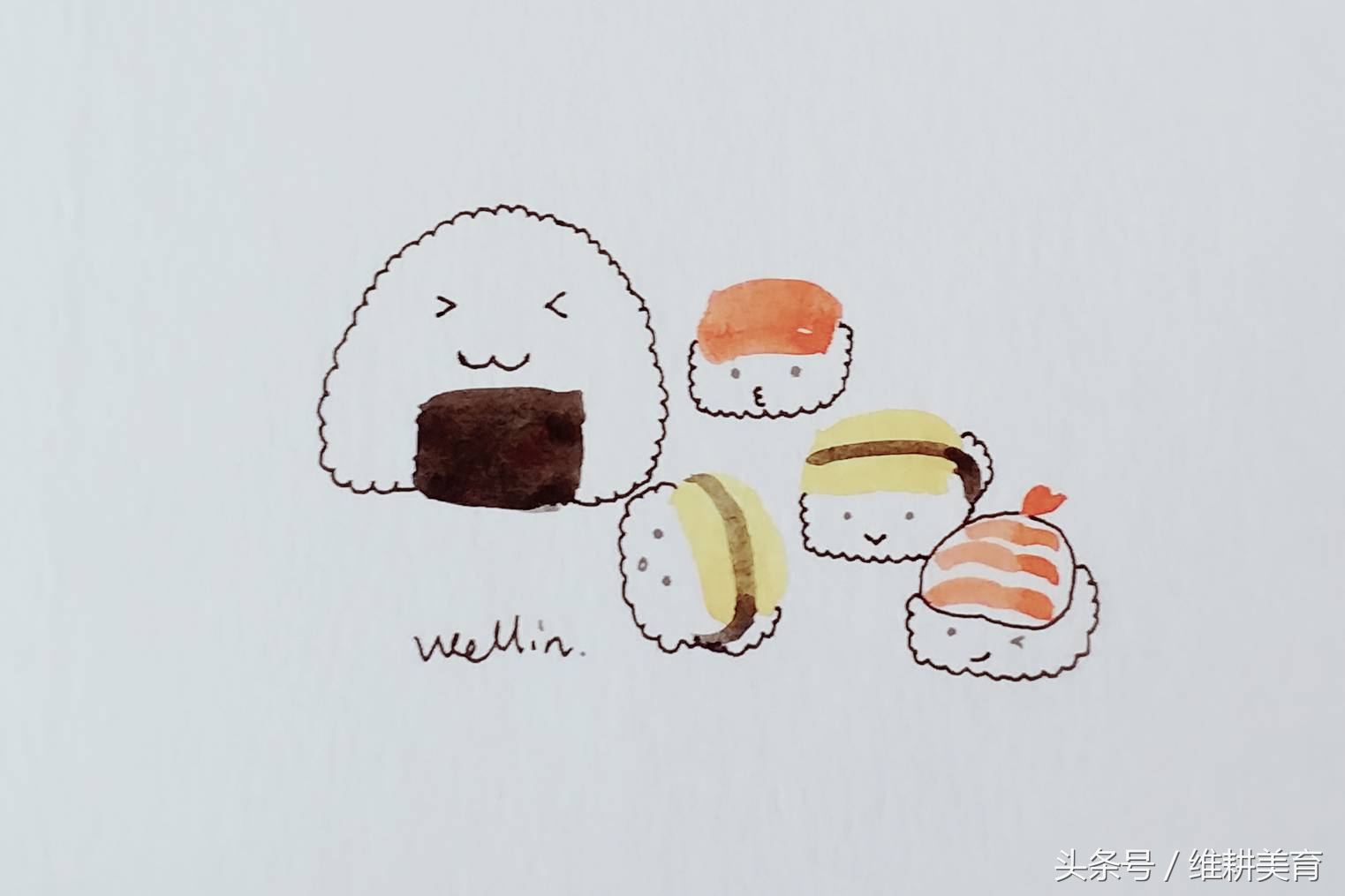 美食手帐用水彩画寿司,手帐小美食画法