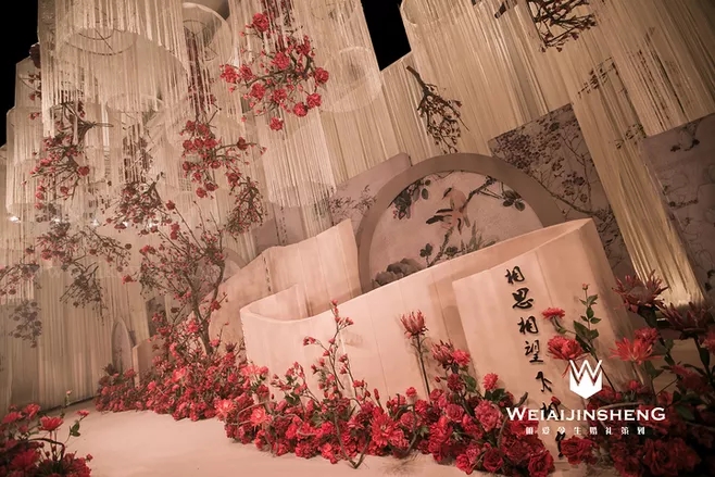 户外婚礼场景布置效果图,红色系婚礼户外布置场景