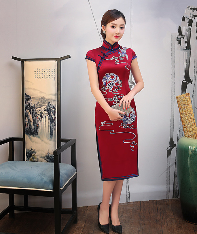 传统中式复古中长款优雅旗袍,中国风桑蚕丝复古高端旗袍