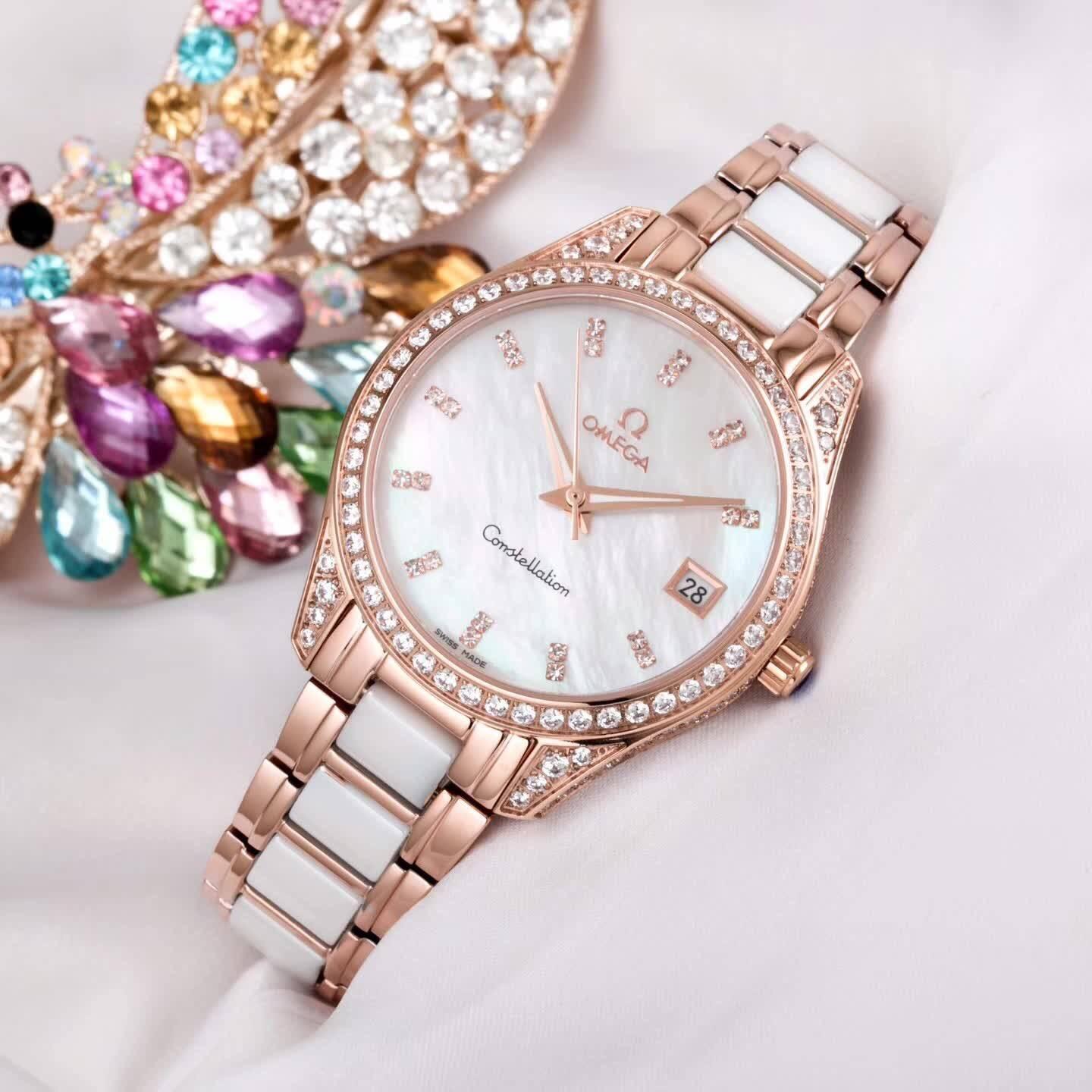 欧米茄omega星空镶钻腕表,女神专属轻奢镶钻陶瓷腕表