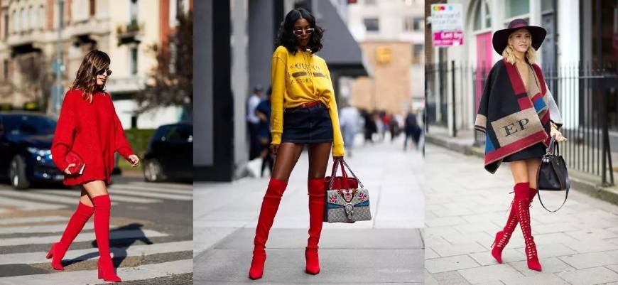 红色靴子鞋怎么搭配衣服女,红色高跟短靴怎么搭配衣服