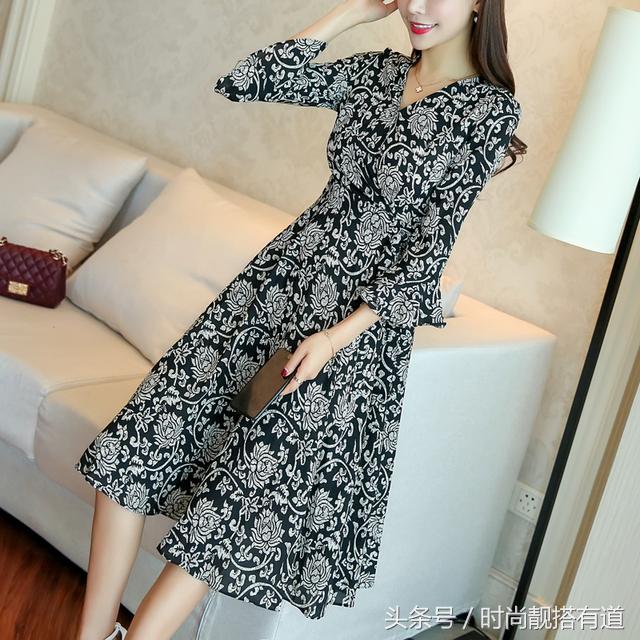 柔软轻薄丝滑雪纺连衣裙印花,高贵时尚印花雪纺连衣裙