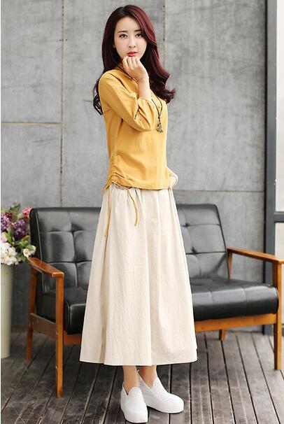 散发强大女神气场，让人过目不忘的棉麻立领中长裙套装