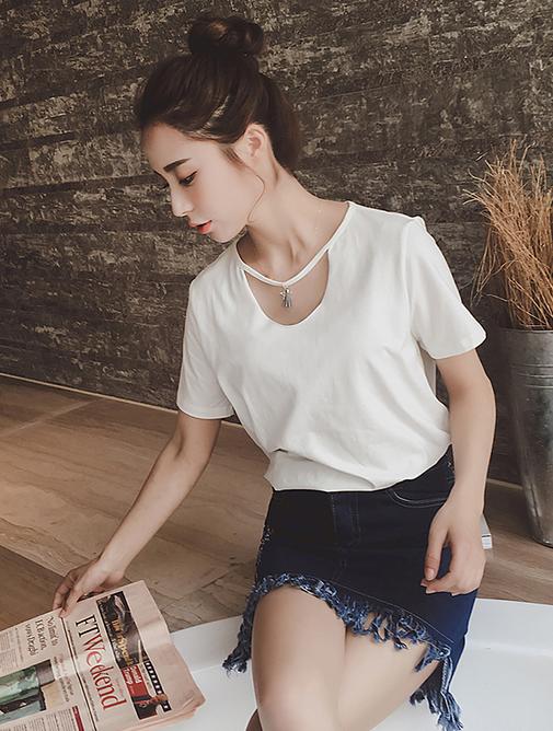 宽松版t恤搭短裙女慵懒风,小清新甜美可爱t恤