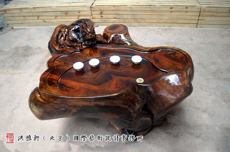 鸡翅木根雕茶台翻新完工,实木树根雕茶几