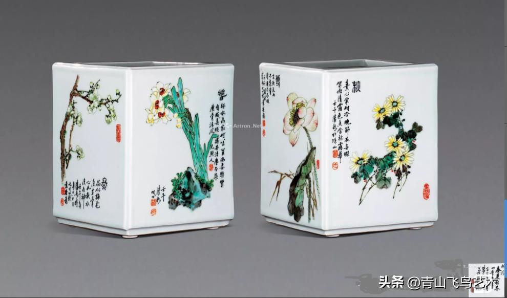 清代晚期青花八仙笔筒真品图大全,粉彩山水民居笔筒赏析