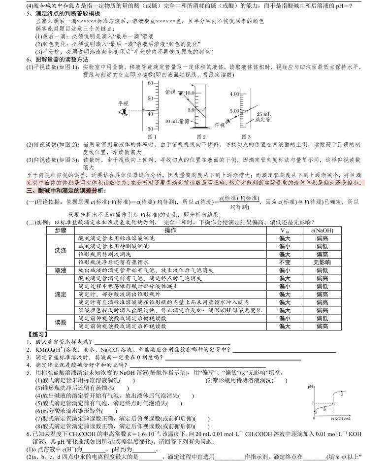 高中化学酸碱中和滴定实验,高中化学酸碱滴定图像知识点归纳