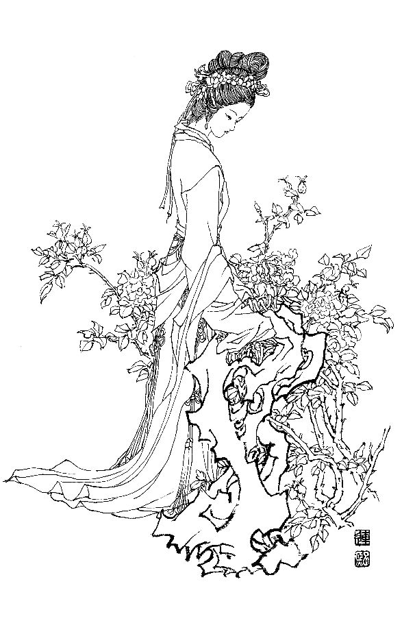 彭连熙工笔白描人物作品,工笔戏曲净角人物白描底稿