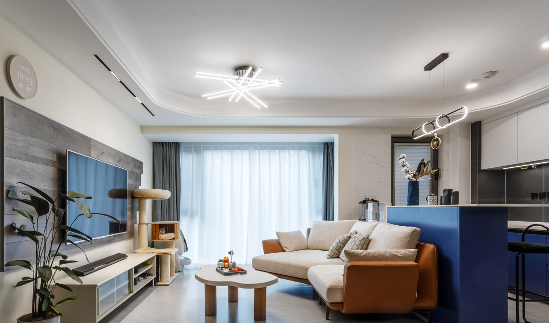 77平米超大客餐厨一体装修,极简风餐厨一体设计