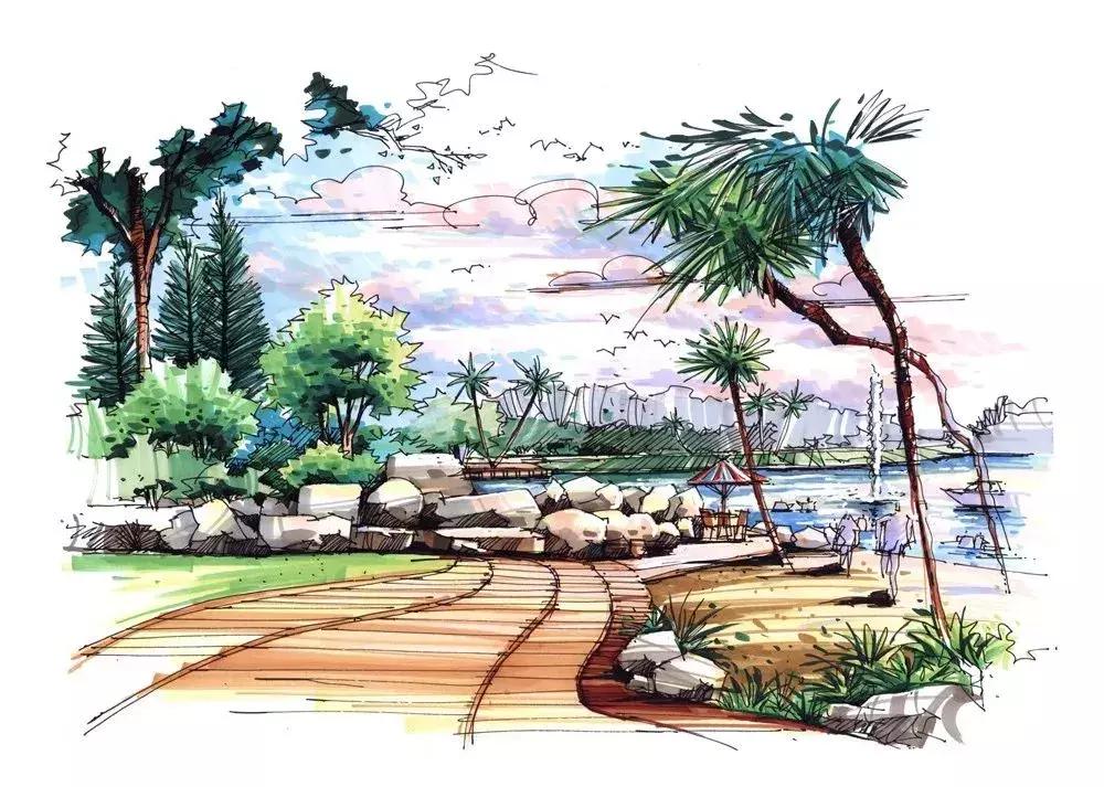 手绘效果图设计详解,干货五幅景观手绘效果图步骤图解
