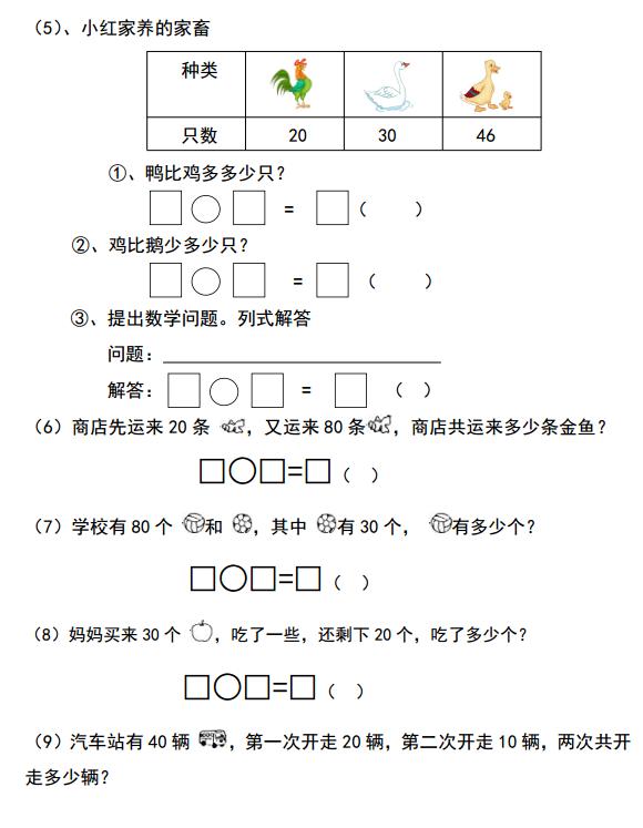 一年级数学下册100以内数的认识02,一年级20以内加减混合练习题100道