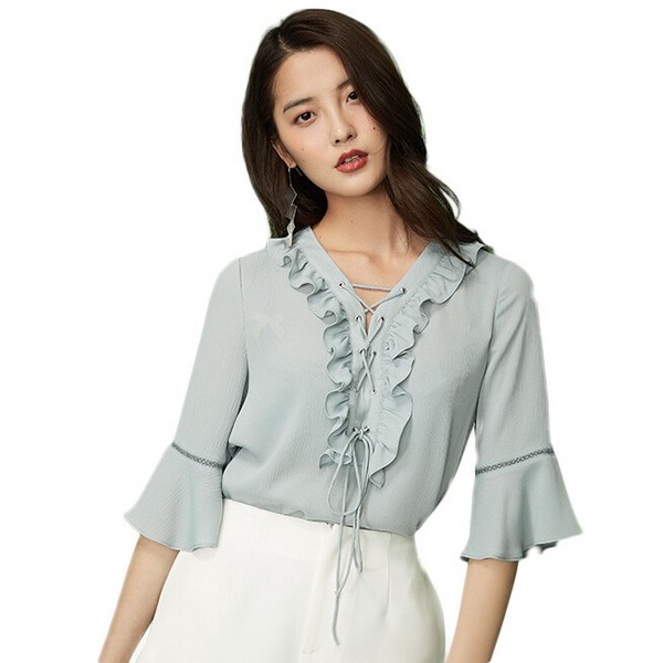 气质雪纺衫深v领显瘦,雪纺衫上衣v领新款显瘦