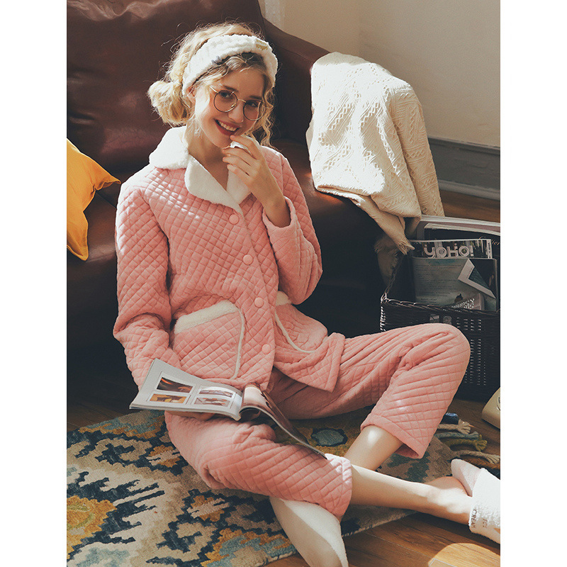 情侣睡衣秋冬珊瑚绒夹棉套装韩版家居服男纯棉长袖100%全棉加厚女