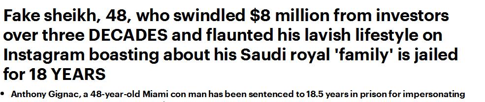 男子假冒沙特王室诈骗800万被捕,冒充迪拜王子行骗的美国男子