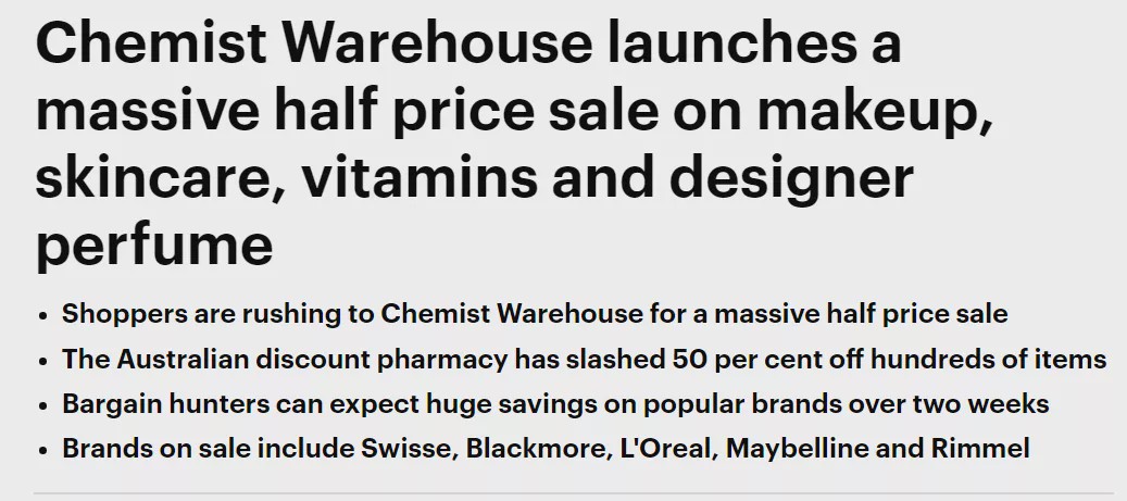 快上:澳洲ChemistWarehouse半价吐血促销,上百种产品统统5折
