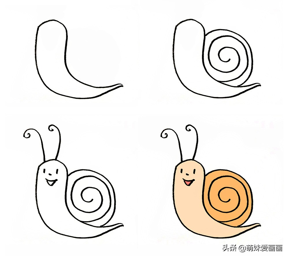 小蜗牛春夏秋冬四季创意画简笔画,蜗牛与鱼青蛙荷花创作一幅简笔画