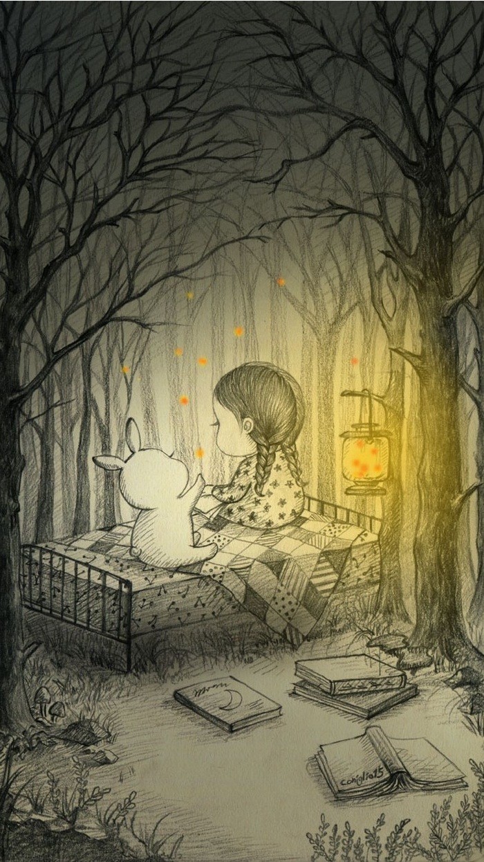 少女与兔子插画,兔子手绘创意插画