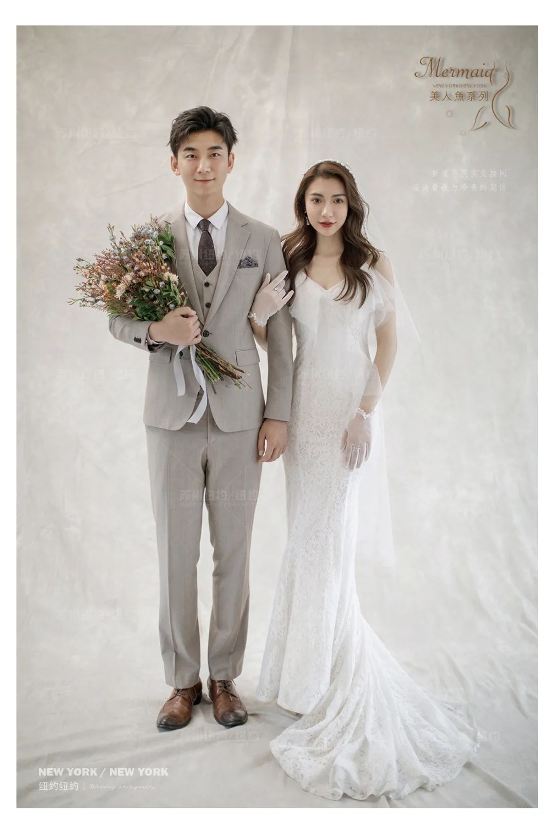 白色蝴蝶结油画婚纱照,森系油画风格婚纱照不戴帽子戴花