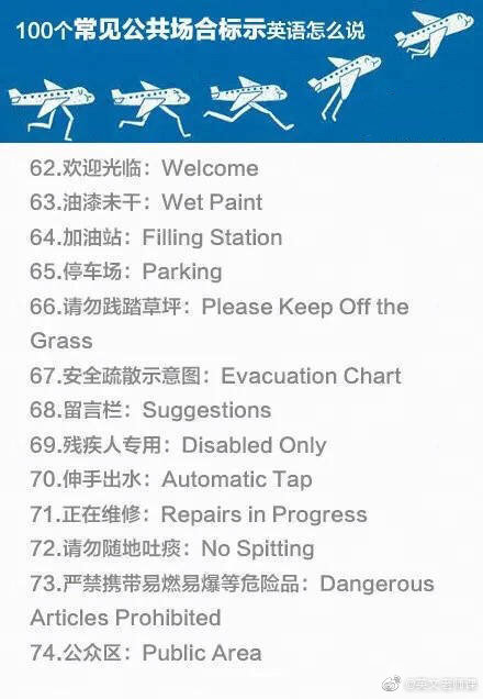 100个常见公共场所的英语标示，拿走不谢