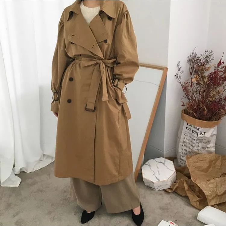 这个春天的美丽穿搭,韩系小姐姐中长款风衣搭配