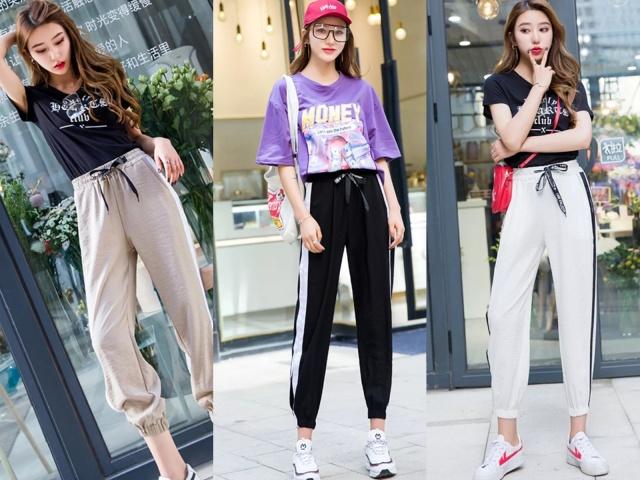 哈伦裤搭配什么t恤好看,时尚不规则开叉短t恤配哈伦裤