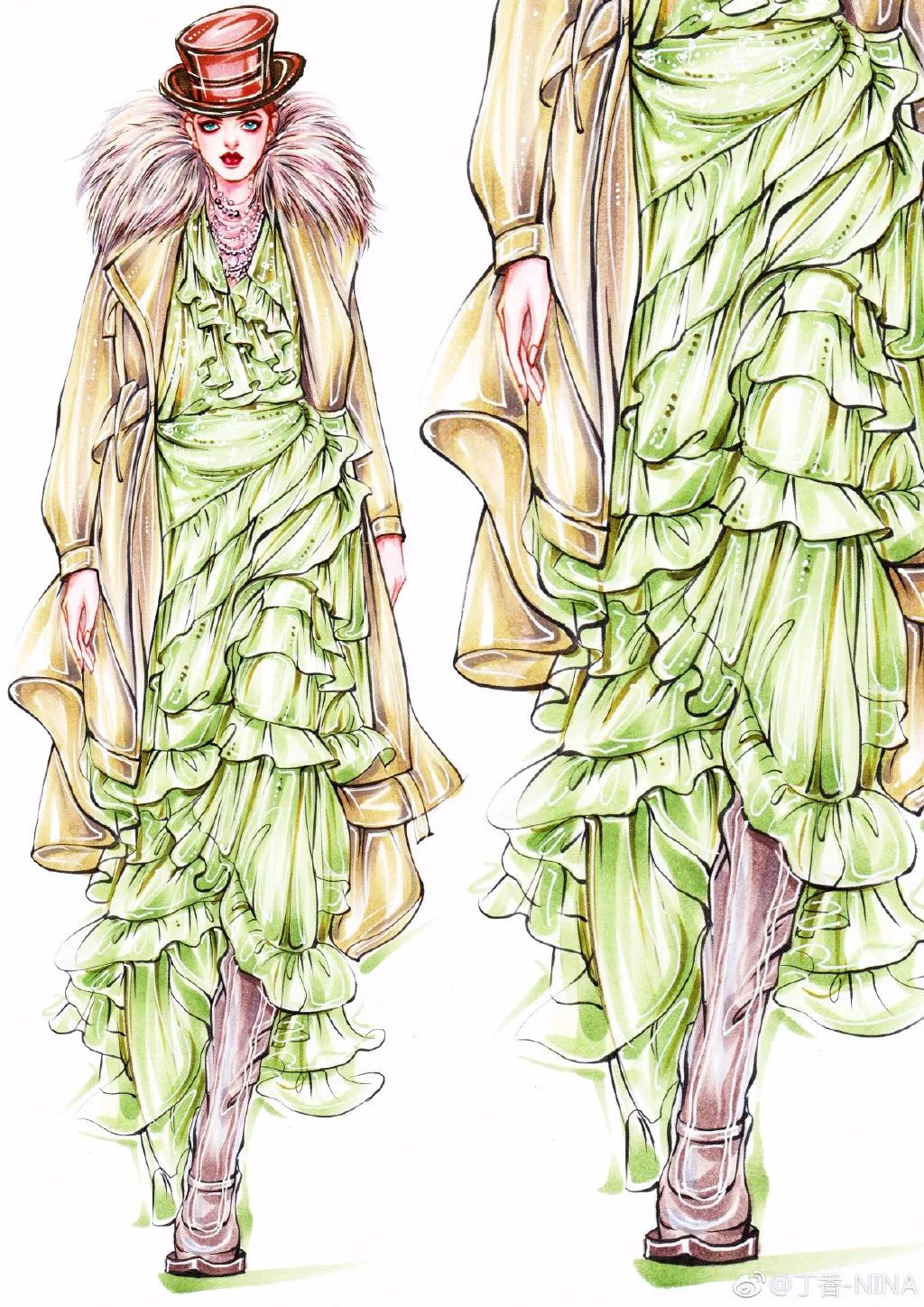 礼服怎么画好看仙气用彩铅,马克笔和彩铅裙子上色教程