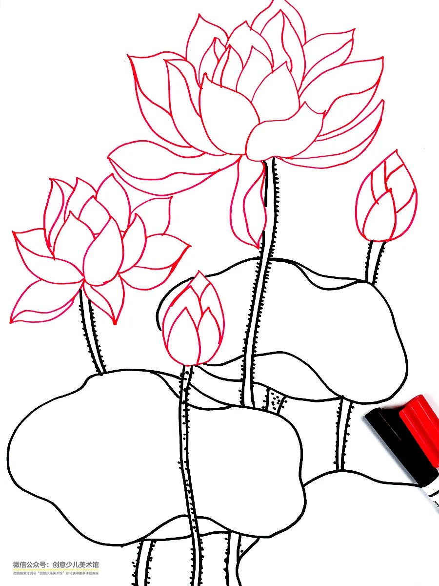 画一幅夏天的荷花画,儿童画夏天的风景画荷花