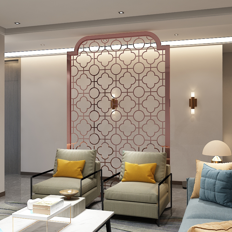 新中式不锈钢屏风客厅,高档家装新中式不锈钢屏风