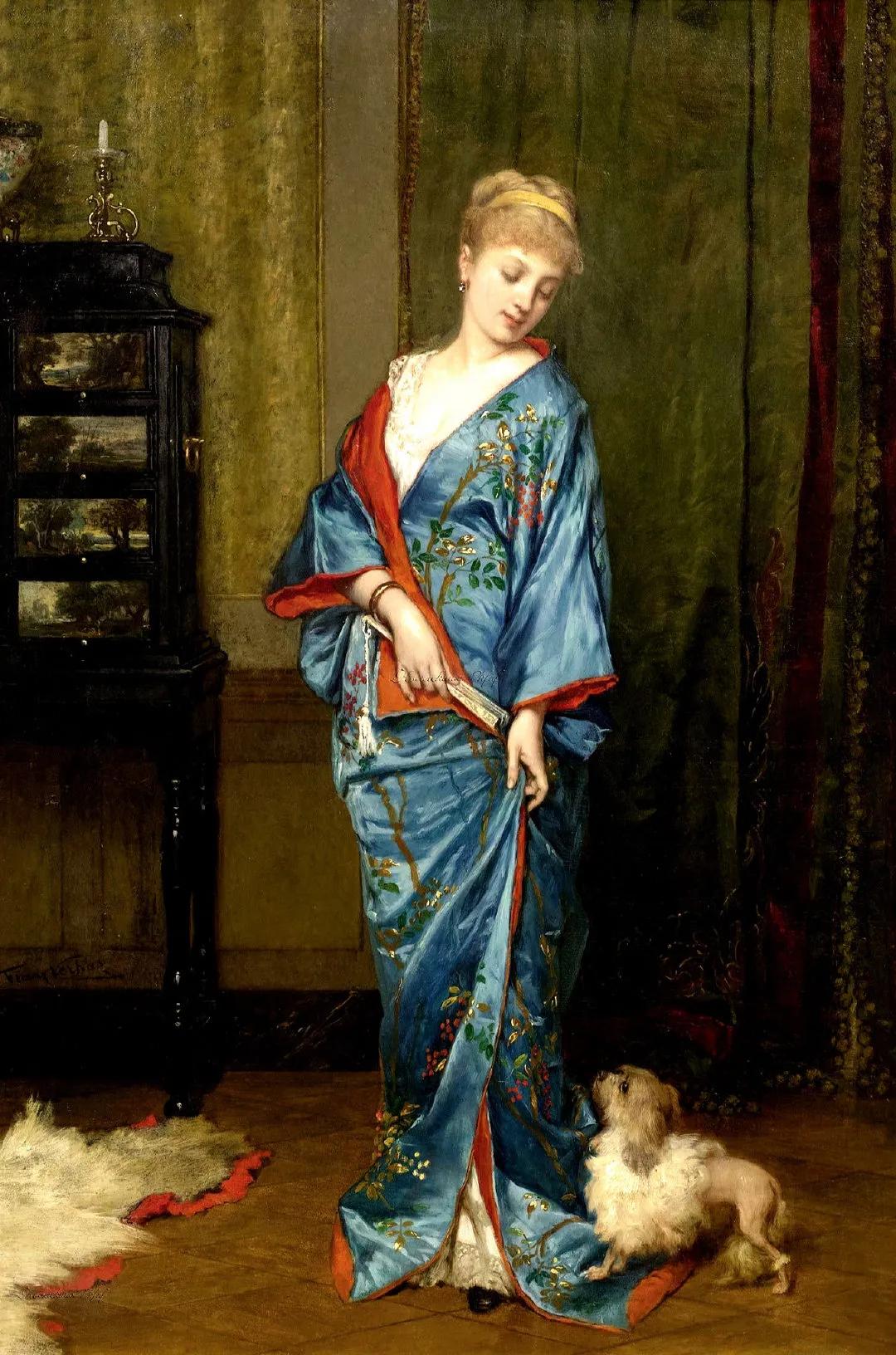 油画中的复古裙子,蓝色油画裙子