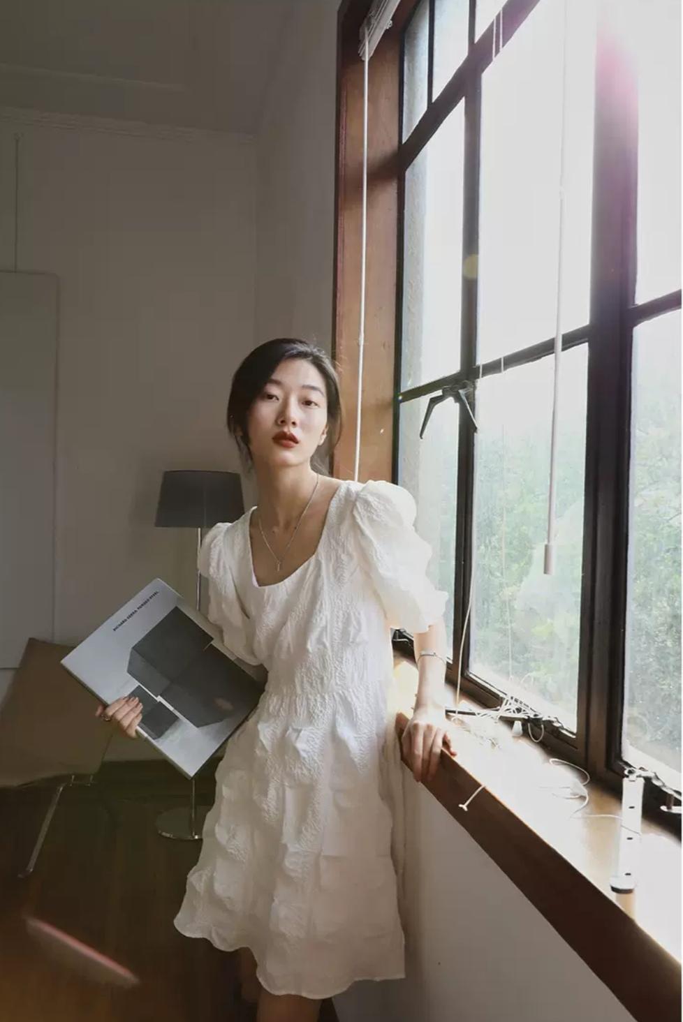 迪士尼联名甜美泡泡袖公主连衣裙,迪士尼泡泡袖连衣裙白色