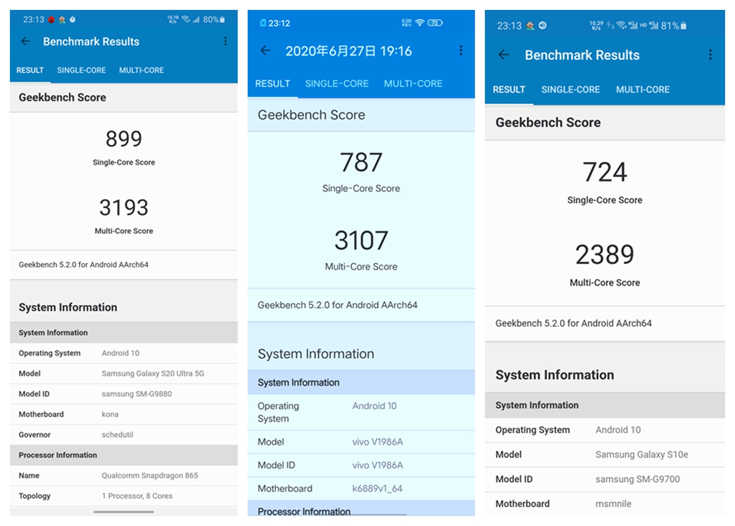 三星S20U/iQOOZ1/三星S10e，实机跑分看性能差距