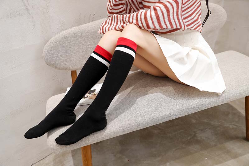 无骨过膝袜女秋冬季日系长筒袜,小腿袜女ins潮黑色蝴蝶结装饰