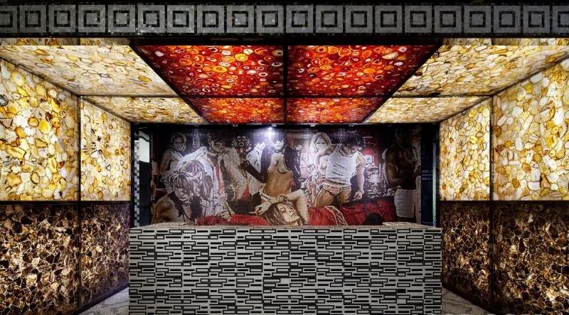 椭圆形石材马赛克拼花图案,河北地面马赛克水刀拼花施工安装