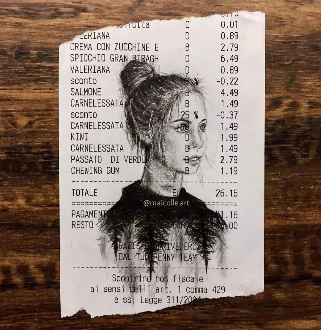 学渣购物小票画画,97年画画天才