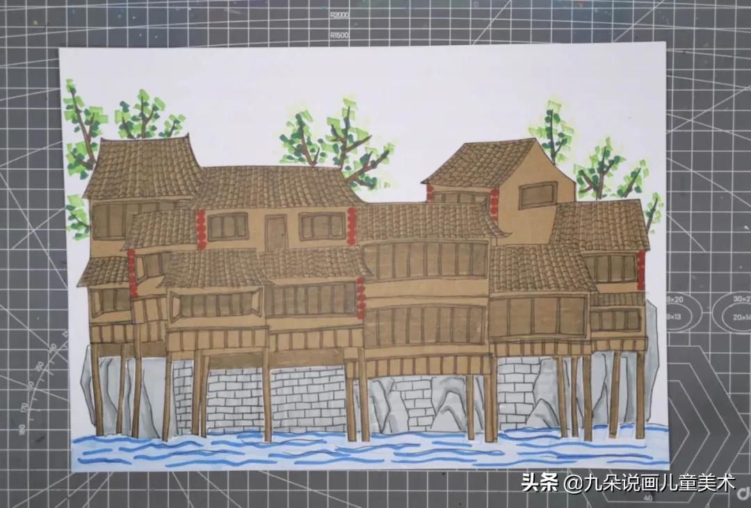 儿童画吊脚楼教程,创意儿童画苗族吊脚楼