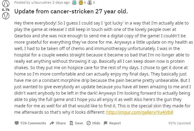 无主之地:癌症玩家夙愿终得偿官方赠予*器武**命名广受好评