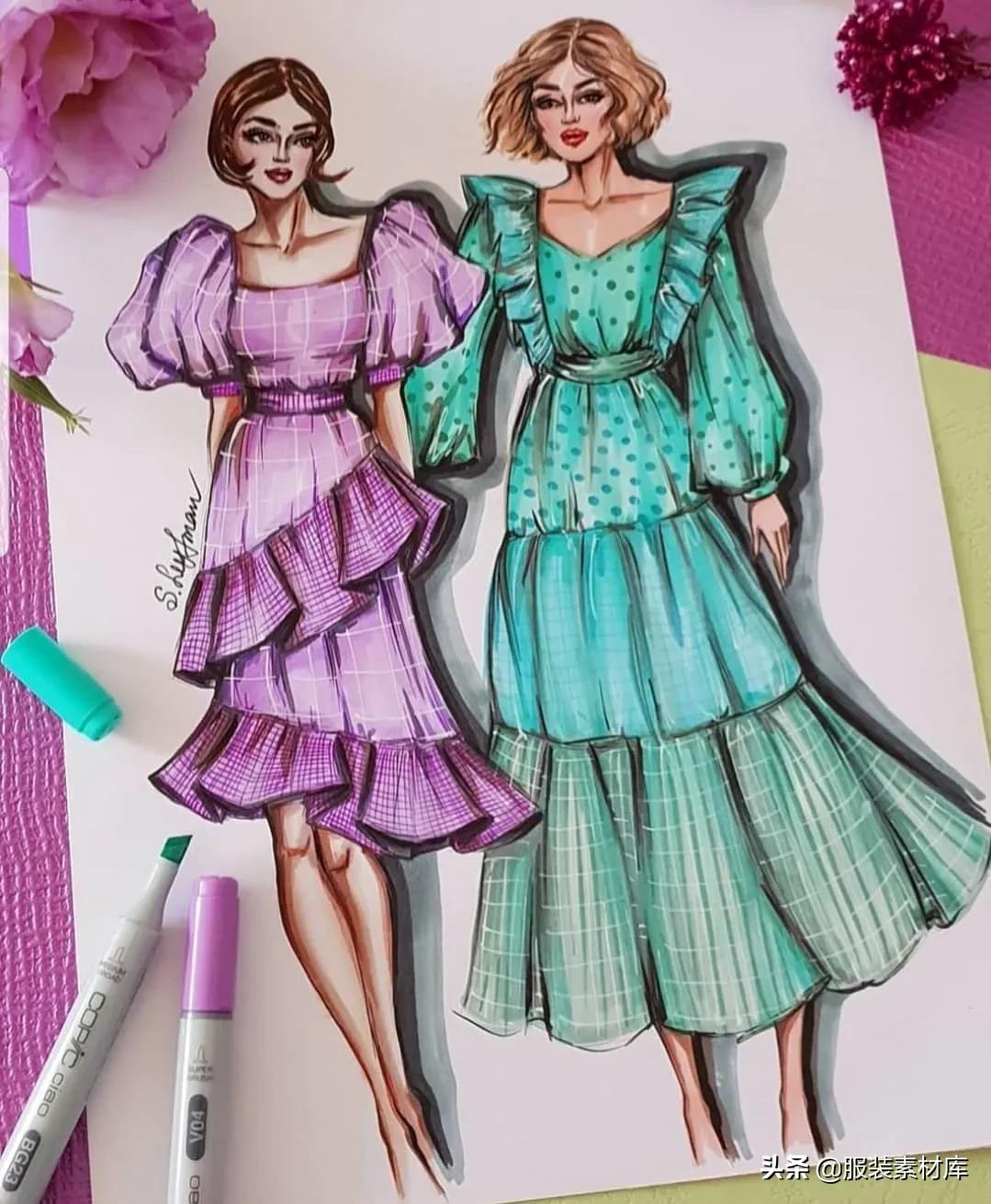 马克笔时装手绘,时装效果图马克笔