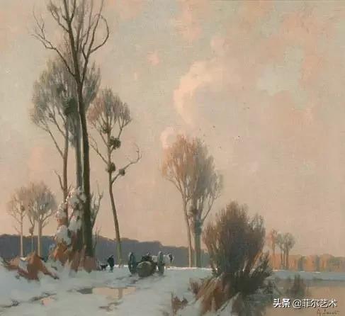 极简油画金色麦田和山,以红蓝为基调的风景油画