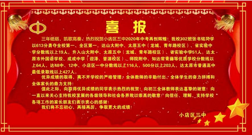 太原2020年中考成绩排名,2020年太原三立中学中考喜报