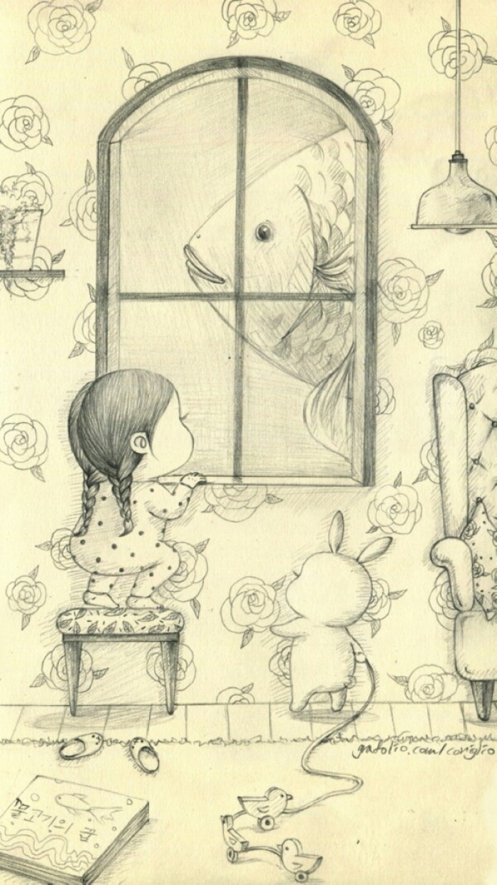 少女与兔子插画,兔子手绘创意插画