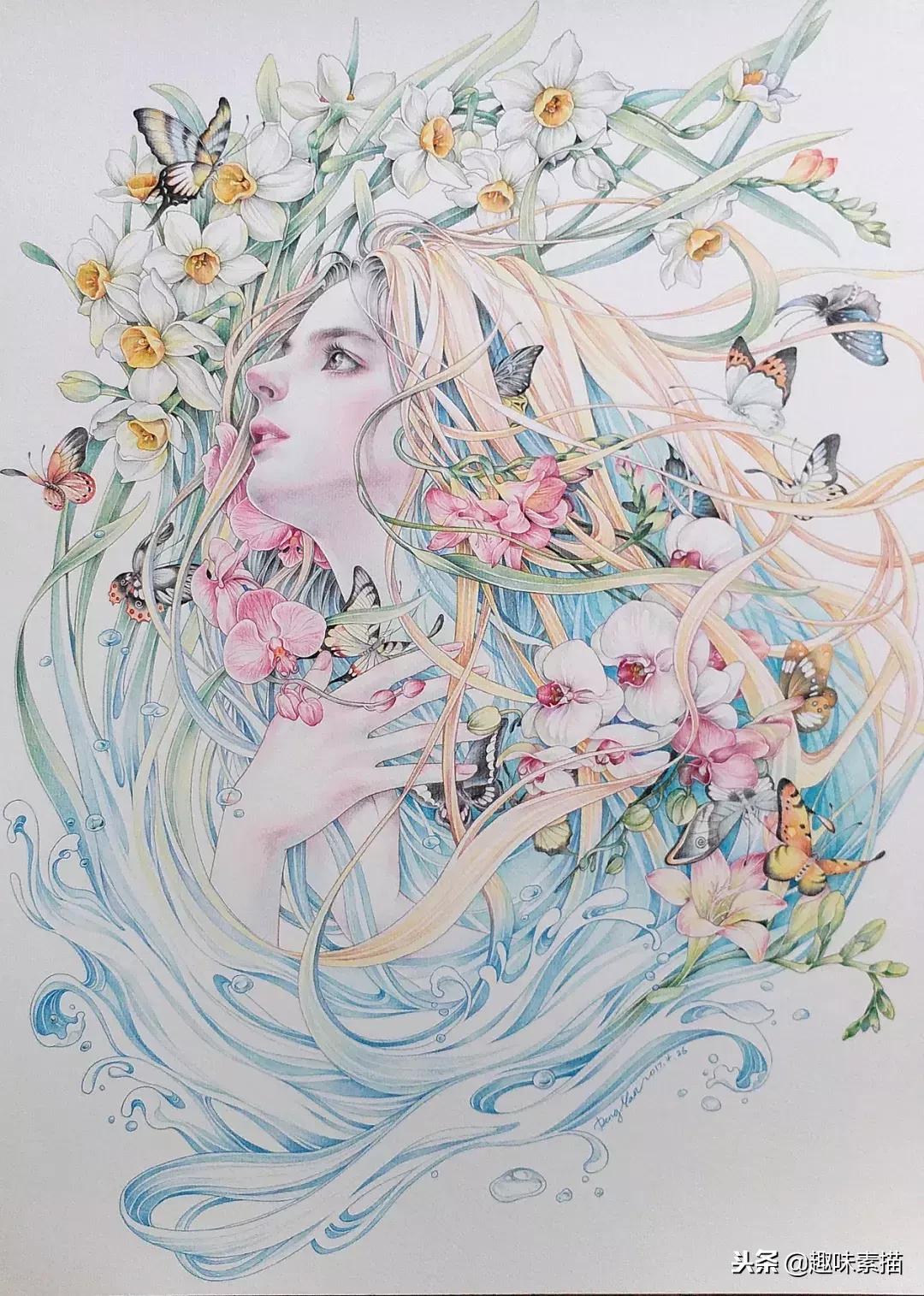 超精细彩铅人像素描,简单又漂亮的彩铅插画