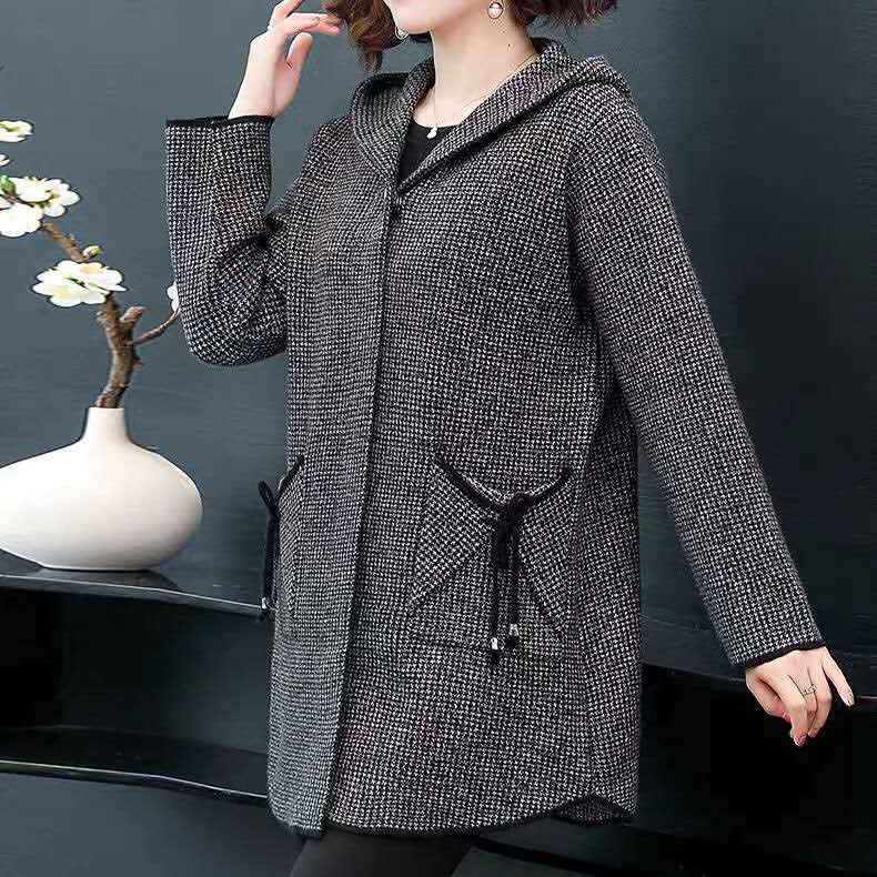 2020羊毛针织韩版大衣，系带洋气外套千鸟格，大码中老年大衣