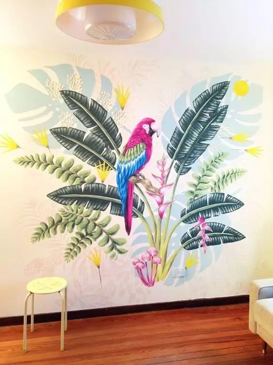 儿童卧室简单墙画手绘,留一面水泥墙