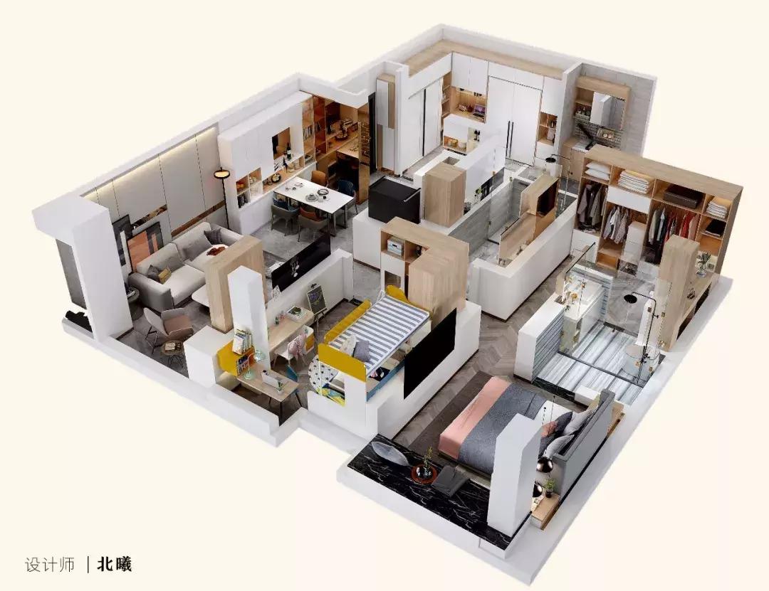 装修108平衣帽间2室一厅,126平主卧带衣帽间和卫生间效果图