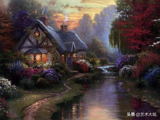 美式欧式田园风光油画,童话里的小屋子绘画