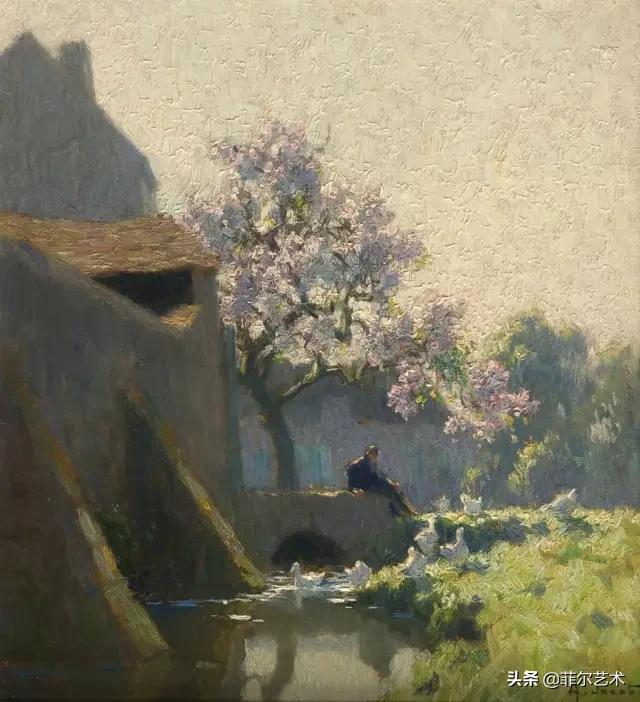 极简油画金色麦田和山,以红蓝为基调的风景油画