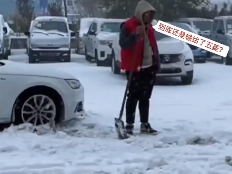 北京一奥迪因雪天打滑，车主路边卑微铲雪，“五菱萌主”轻飘划过