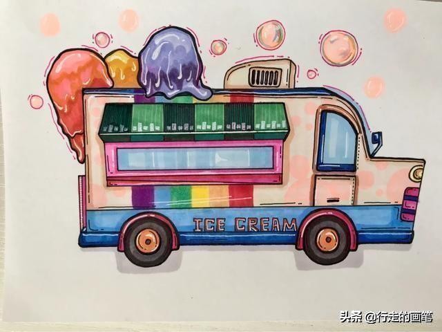 儿童画冰淇淋车的画法,儿童画冰激凌绘画作品大全