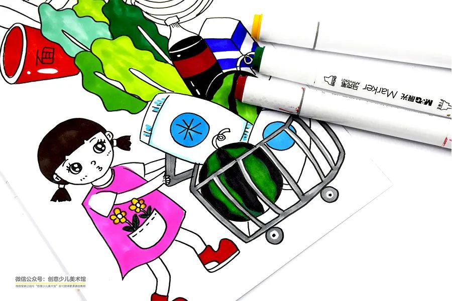儿童画思维教程,蔬菜购物车儿童画