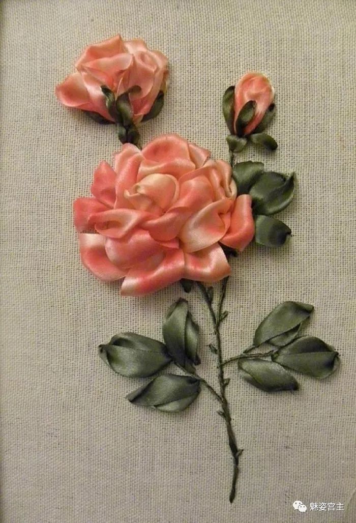 丝带绣盘结玫瑰花绣法图解,丝带绣图案教程牡丹